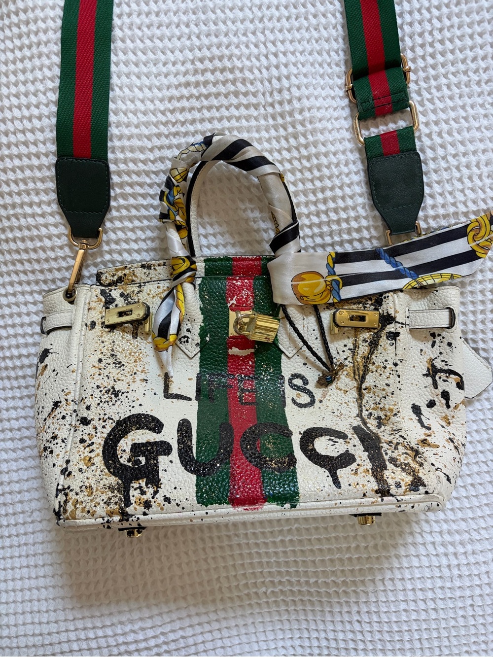 Gucci White Painted Leather Satchel with Green and Red Web Stripe